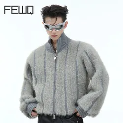 FEWQ Autumn Winter Niche Short Jacket High Neck Plush Thick Knit Sweater 2024 Patchwork Long Sleeve Male Tops Fashion 24E2726