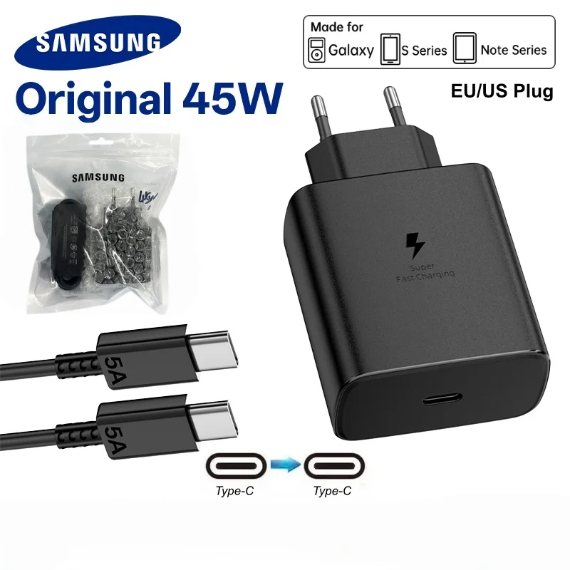 Carregador Original Samsung 45W Super Rápido com Adaptador Tipo C de 1,5M para Galaxy S26 S25 S24 S23 S22 S21 Note 20 Ultra 10 Z Flip Fold 8