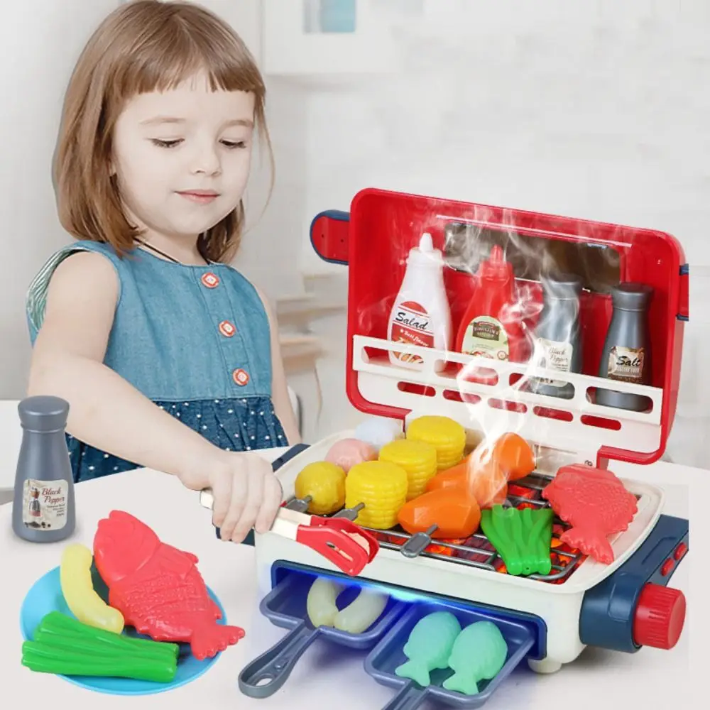 

34pcs/set LED Simulated Barbecue Set Spray Lights and Music Kids Pretend Cooking Toy Simulation Food Play House Kids BBQ Playset