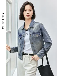 SENTUBILA Women 100% Cotton Denim Coat   2024 Autumn Straight Retro Turn Down Collar Washed  Clothing W43W56324