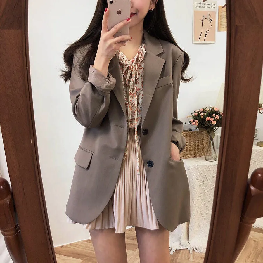 

Autumn 2024 Women's Faion Casual s Jaets Coats Suits Straight Cut Polyester Long Sve Single Button Pure Color
