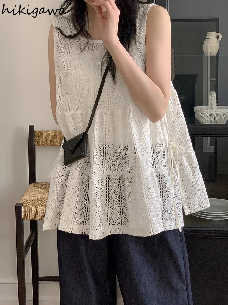 

Hollow Out Vest Summer Women's Clothing Lace Bandage Loose Tanks 2025 Ropa Mujer Sleeveless Fashion Korean Tees See Through Tops