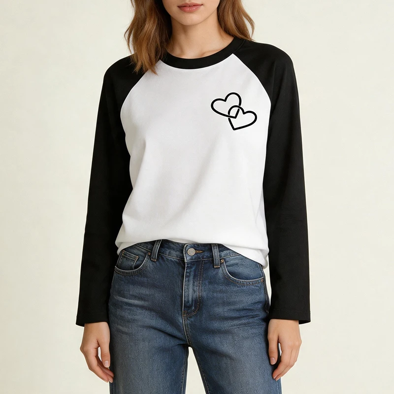 Women's Crew Neck Long Sleeve T-Shirt with Pocket Heart Design Print Casual Vintage T Shirt 90s Graphic Y2k Tshirt Femme
