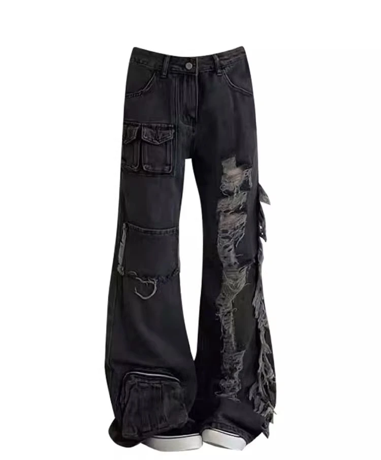 Tamanho grande europeu americano subcultura cintura alta jeans rasgados 2025 feminino nova rua multi-bolso y2k solto calças de perna reta