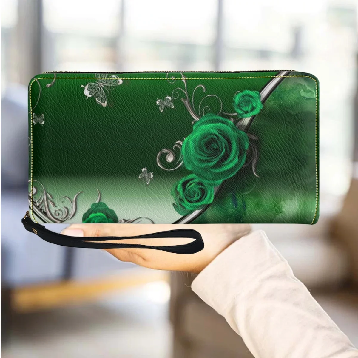 

Fashion Gothic Rose Green Leather Wallets for Women Luxury Brand 2023 Female Purses Wrist strap Purse Casual Card ID Holders
