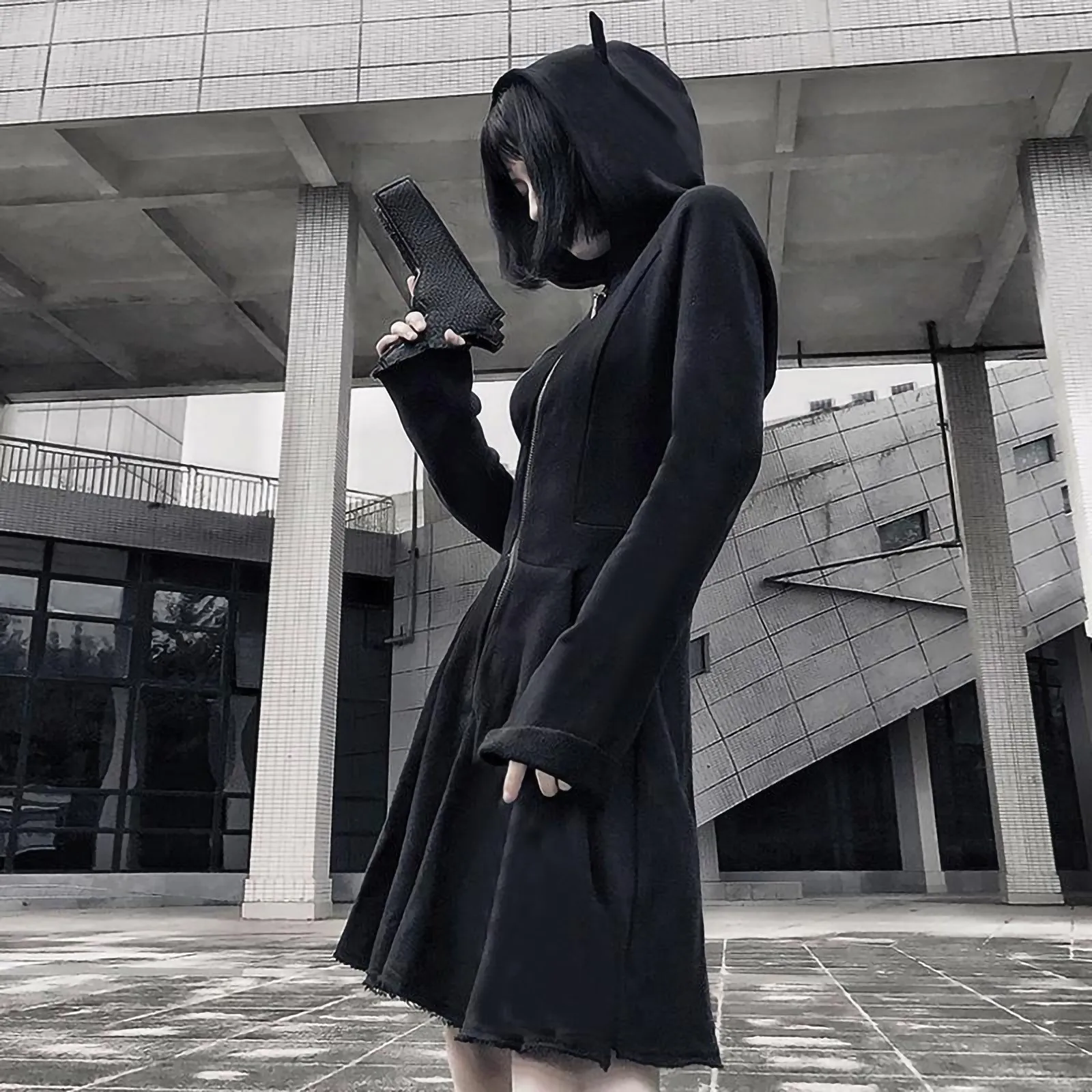 Gothic Black Slim Sweatshirt Dress Fashion Cat Ears Hooded Zip Sweatshirt Dress Women\'s Streetwear Solid Long Sleeve Hoodies