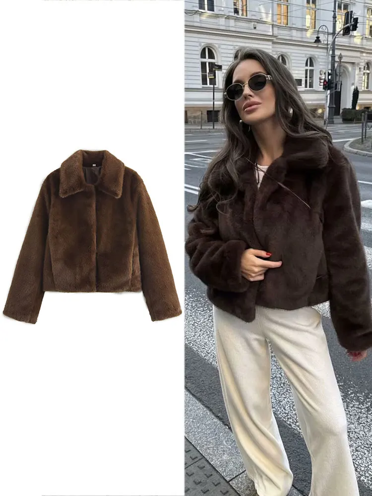 HH Women Casual Brown Short Faux Fur Coat Turn-Down Collar Long Sleeve Jacket 2025 Autumn Winter Loose High Street Outwear