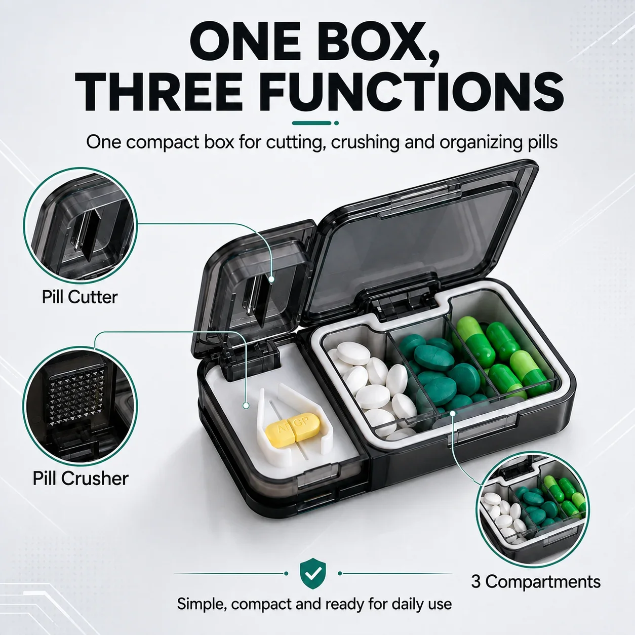 3-in-1 Pill Organizer Portable Pill Cutter Crusher 3 Compartments Sealed Travel Medicine Storage Box Stainless Steel Blade