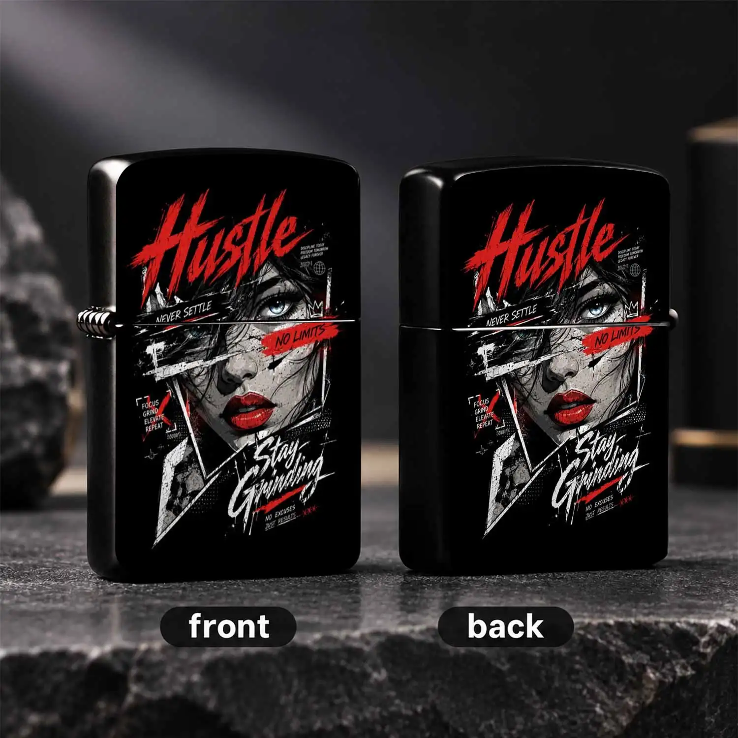 Trendy Portable Lighter With Edgy Hustle Themed Graphic Art, Full Scenario Usable, Inspirational Never Settle No Limits Slogan Design, Stylish Street Aesthetic Accessory, Ideal For Daily Carry, Personalized Gift Choice That Shows Your Posit