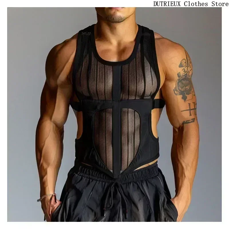 Chaleco negro Punk de calle para hombre, camiseta Sexy transparente sin mangas para hombre, chaleco hueco para ejercicio físico, camiseta sin mangas