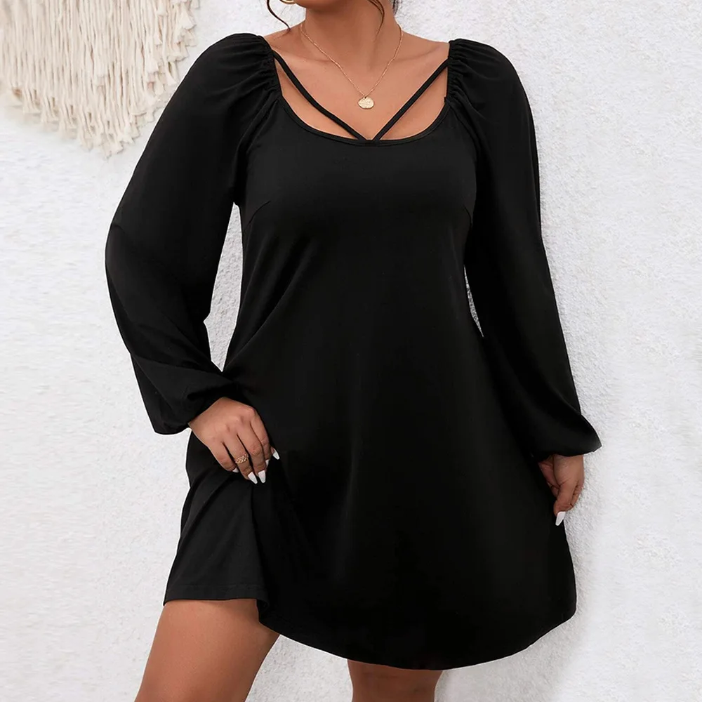 Plus Size Women Dresses 2023 New Fashion Waisted A-line Dress Casual Solid Color Bubble Sleeve Square Neck Temperament Dresses