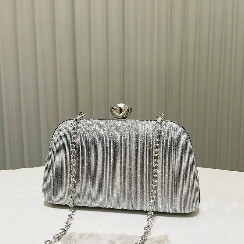 

Simple Elegant Evening Clutch for Woman Classic Silver Sparkling Handbag Striped Box Shaped Wedding Bag Bolsas De Mujer