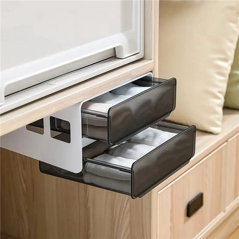 ABUH-2X Under Desk Storage Drawer Slide Out, Self-Adhesive Organizer, Attachable Drawer Organizer With 2 Layers Black