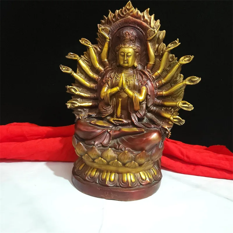 Antique-style bronze collectible home decor Feng Shui ornament, pure copper brass Guanyin Buddha statue, Thousand-Hand Guanyin b