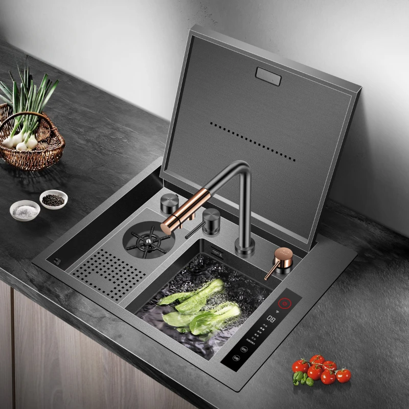 Intelligent sink integrated fruit and vegetable cleaning machine cup washer invisible nano black island bar sink.