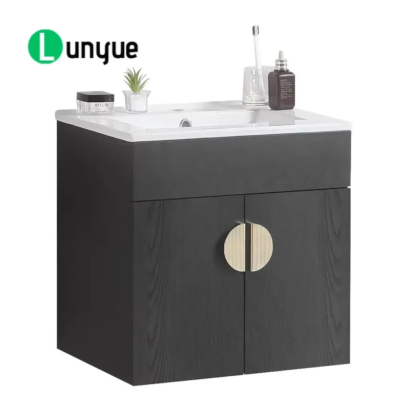 Modern Minimalist Black Solid Wood Lacquered Wall Mounted 20 Inch Bathroom Vanity With Sink For Small Bathrooms Space Saving