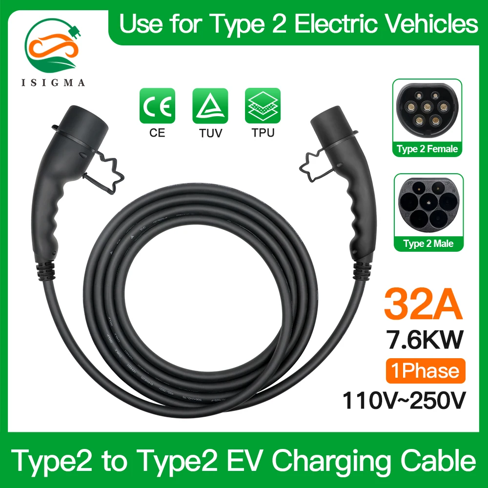 

ISIGMA IEC Type 2 to Type 2 Female to Male Plug 1 Phase 32A 7.6kw 4m 5m Cable EV Cord for Charger Station EV Charging Cable