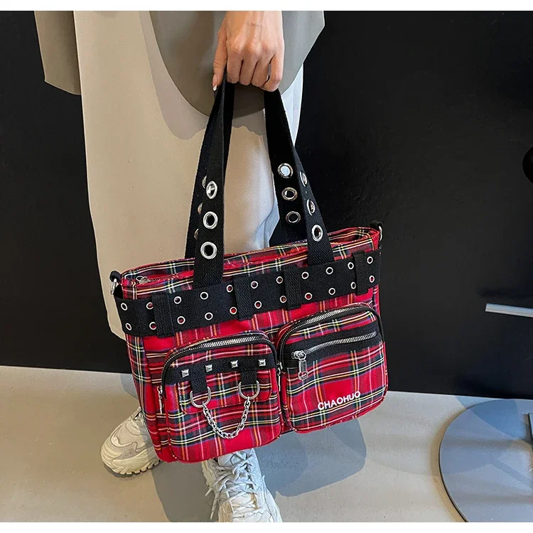 PU CHAINS Zipper Shoulder Bag Buckle Decorative Casual Women's Bags on Sale 2026 New Plaid Locomotive Style Women's Handbags