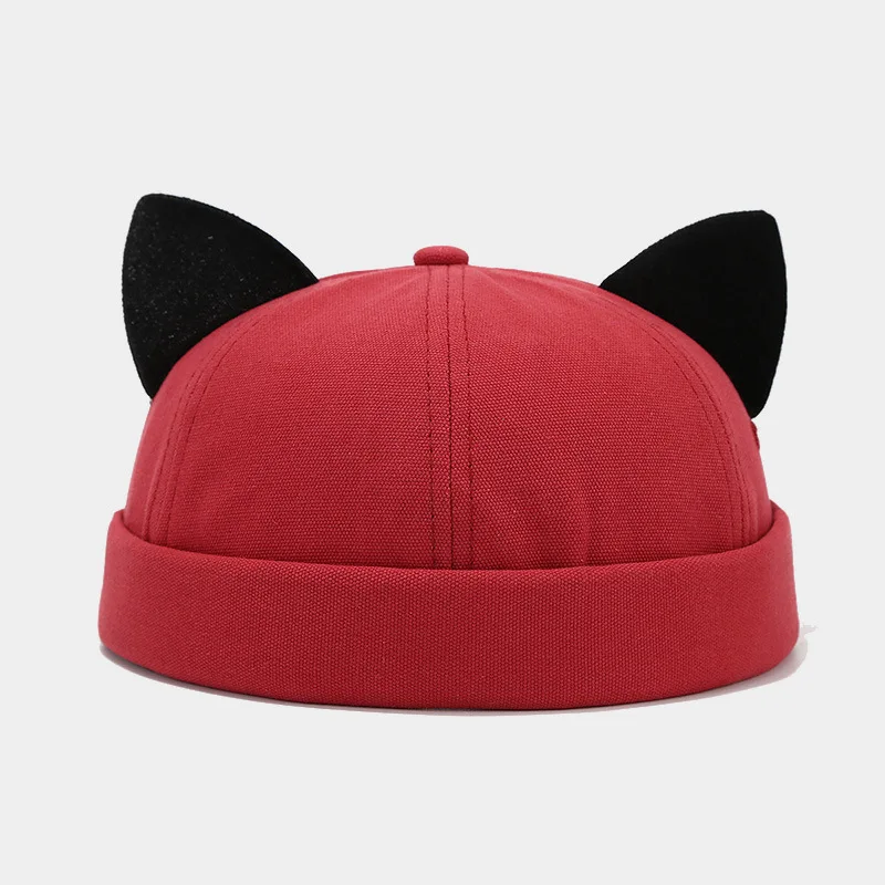Krempenlose Mütze mit Katzenohren, gerollte Manschette, Retro-Docker-Mütze, verstellbare Beanie-Mütze, niedliche Docker-Kappen für Damen und Herren