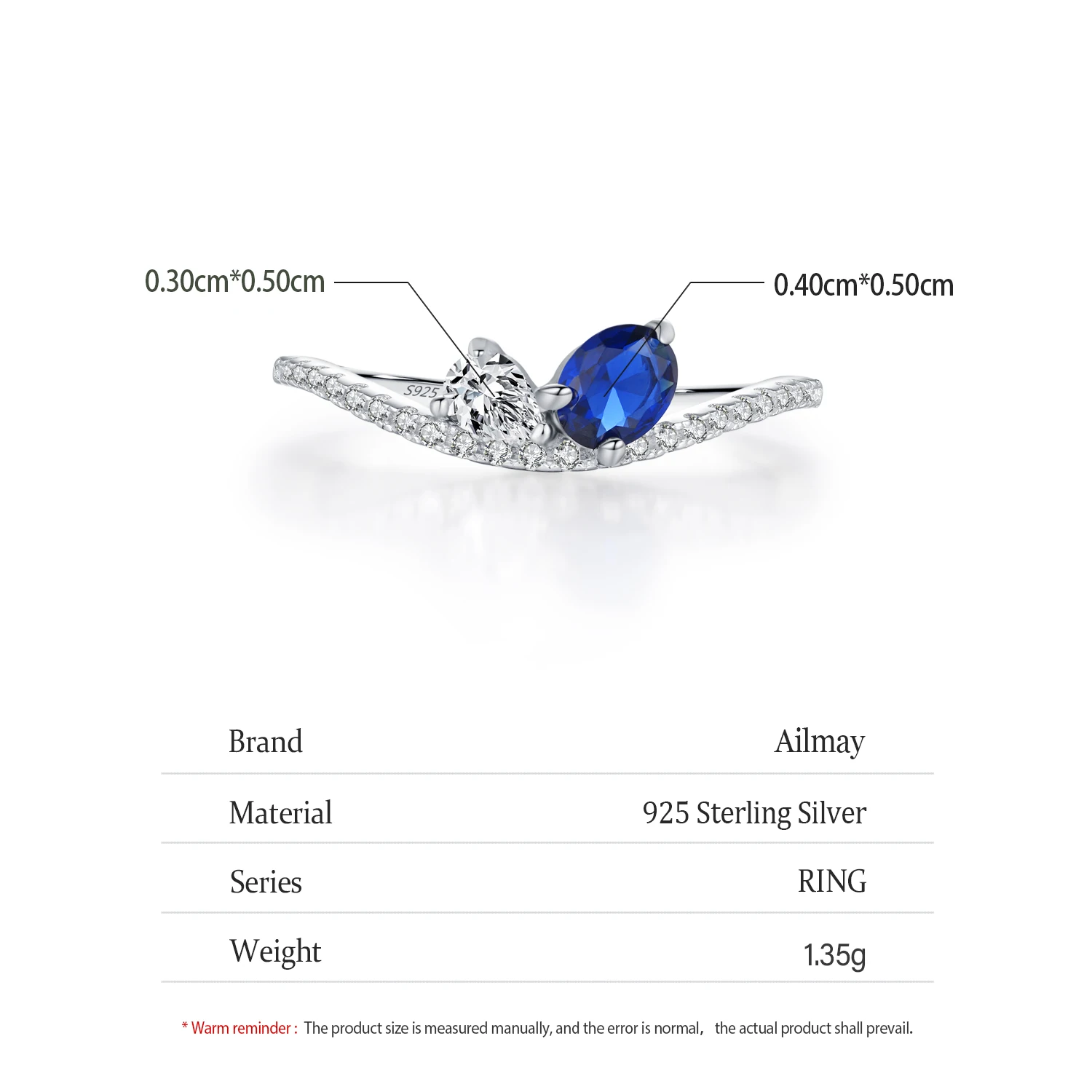 Ailmay 925 Sterling Silver Sparkling Blue White Finger Ring For Women Girls Party Fashion Stackable Fine Jewelry 5