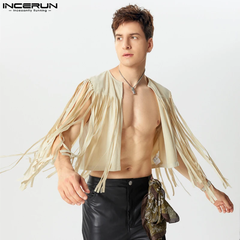 2024 INCERUN Men Tops Casual Solid Sexy Waistcoats Tassels Elegant Sleeveless Vests Vintage Style American Fashion Coats S-5XL