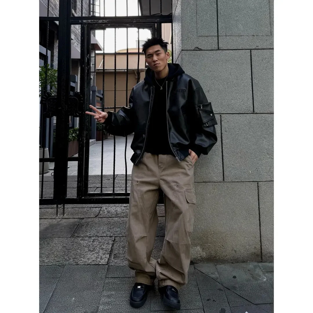 

Men's Winter Puffer Jaet Hooded Removable Warm Design Du down Leather Coat American Sle High Collar Long Sve Zipper ...