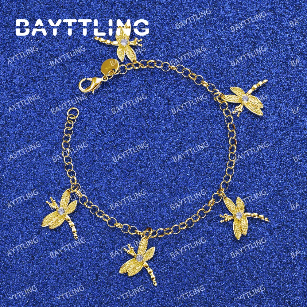 

925 Sterling Silver 18K Gold 8 Inches Fine Dragonfly Bracelet For Women Men Fashion Punk Party Jewelry Gift