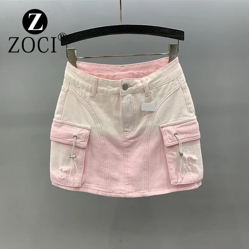 [zoci] Sweet Workwear Pocket Hole Denim Short Skirt Women 2024 Summer New High Waist A-line Hip Hugging Skirt