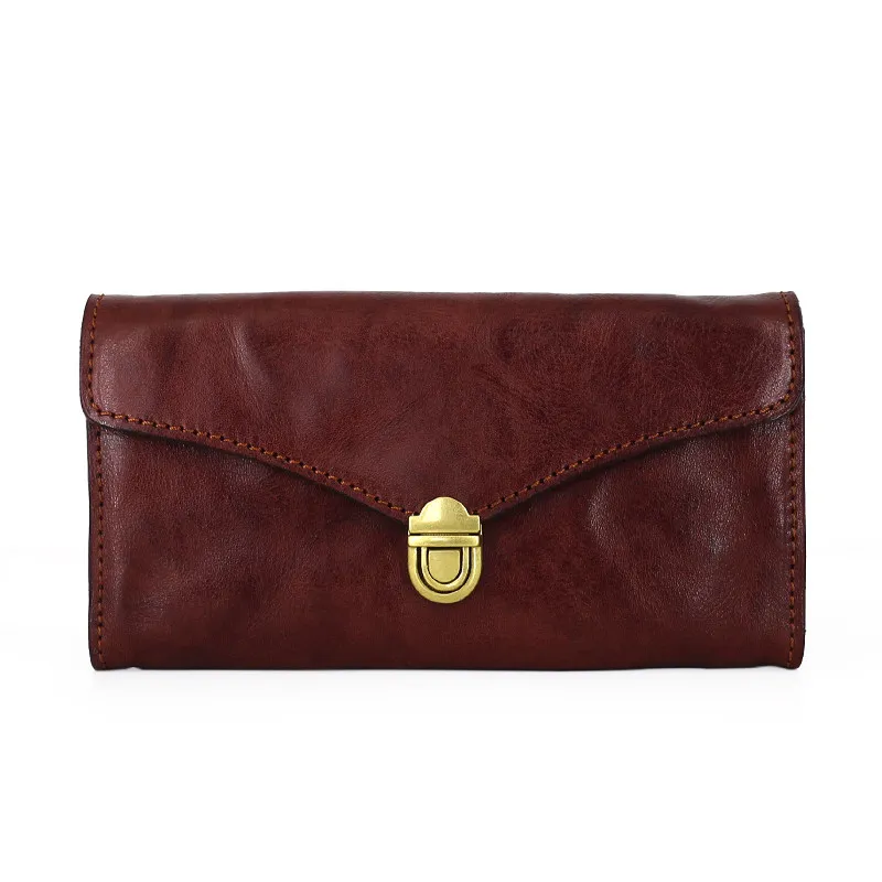 Genuine Leather Vegetable-Tanned First-Layer Cowhide Women's Long Wallet, Vintage Card Holder, Travel Passport Holder, Phone Pouch, Clutch, Long Wallet