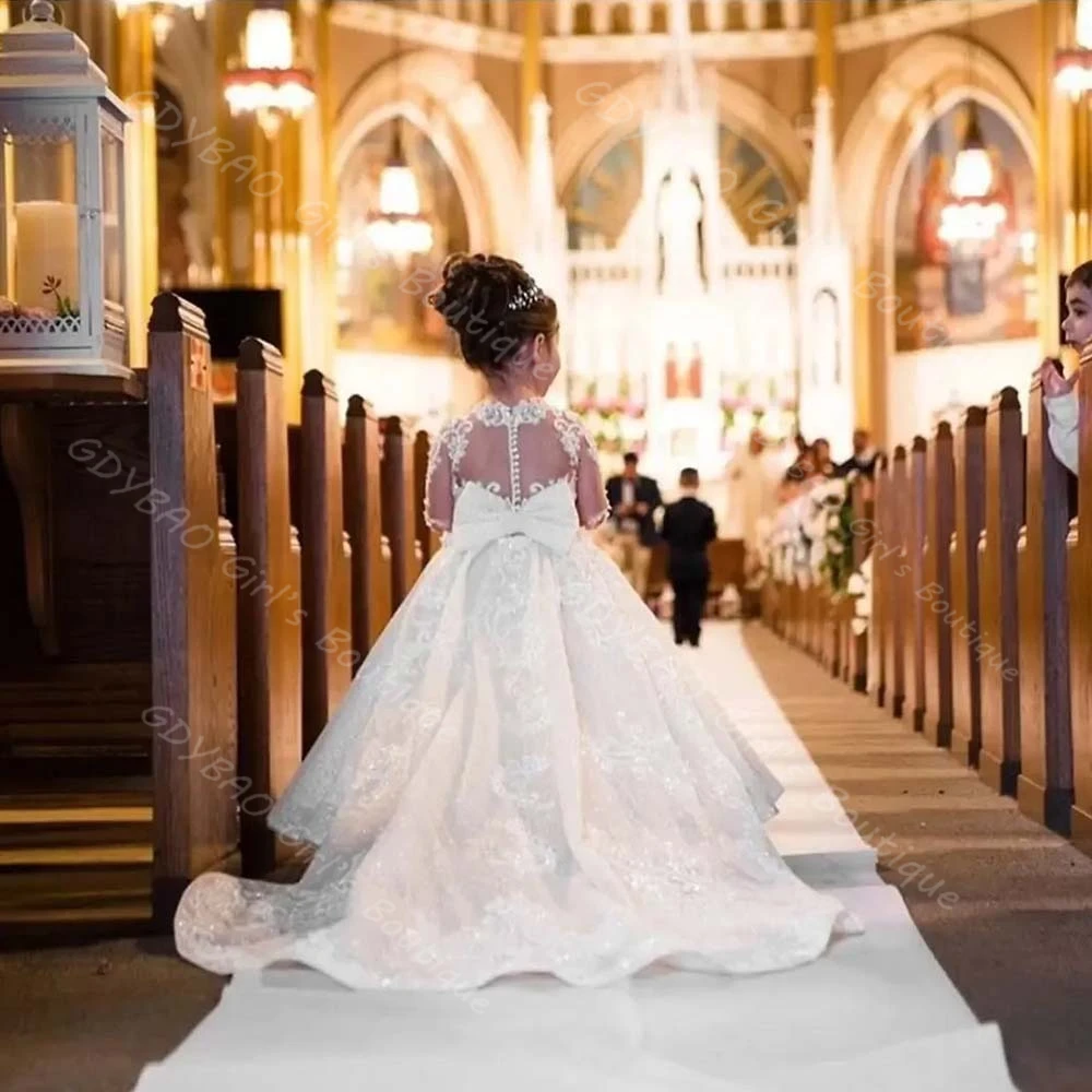 Vestido de niña de flores blanco para boda, Maxi tren con purpurina, lazo, apliques de encaje con cuentas, vestido de baile de primera comunión de princesa personalizado