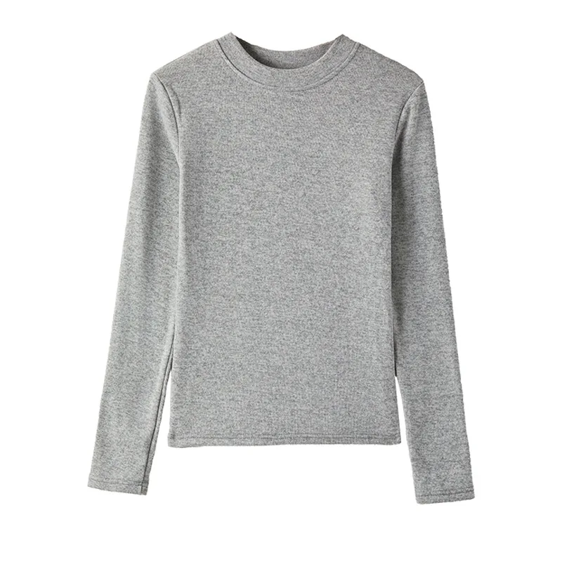 Fotografia 6: Camisa Base de Malha com Gola Alta em Imitação de Cashmere Cinza para Mulheres, T-Shirt de Ombro Regular para Outono e Inverno com Alta Qualidade