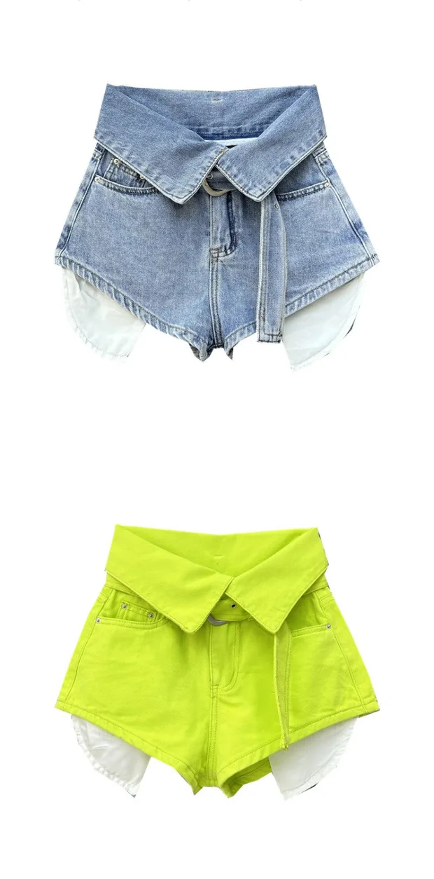 Korean Design High Waisted Wide Leg A-line Shorts Green Denim Hot Pants for Women Jeans