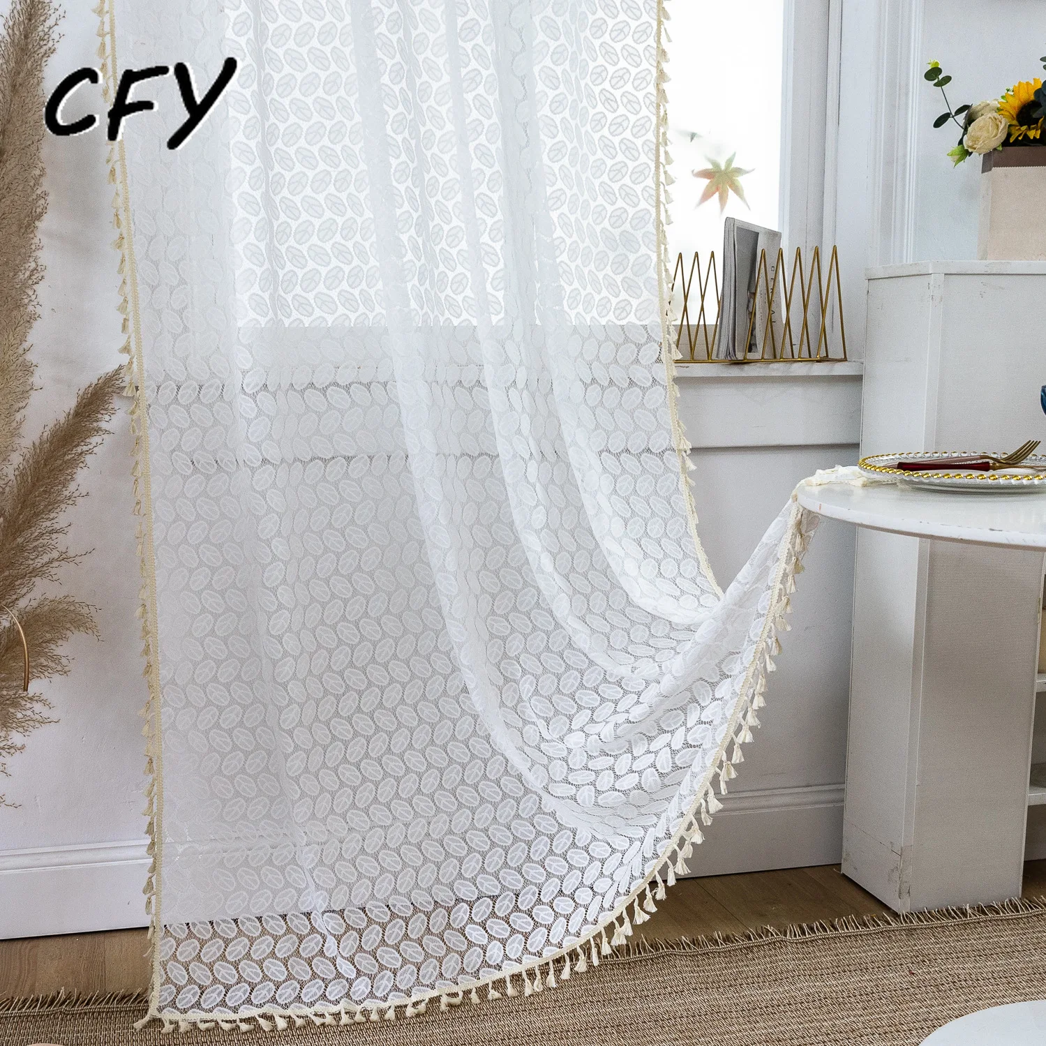 

White Leaves Openwork Lace Window Curtain with Tassel Valance for The Luxury Living Room Easy Drape Curtains for Living Room