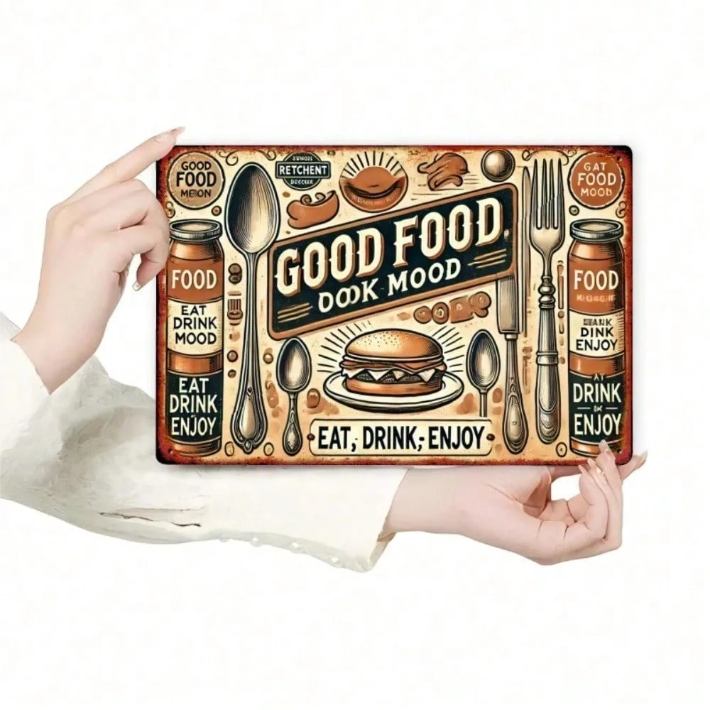 

Vintage Tin Sign "Good Food Good Mood" 12x8 Inch, Retro Art Deco Metal Wall Decor, Trending 2026 Ramadan & Valentines Decoration