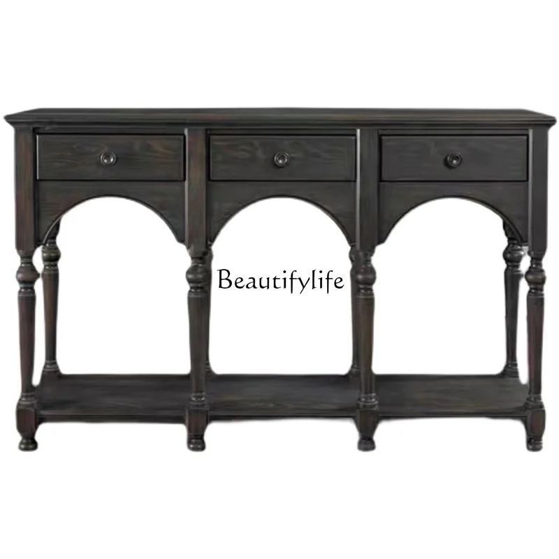 

American retro entrance table French old solid wood black storage table locker