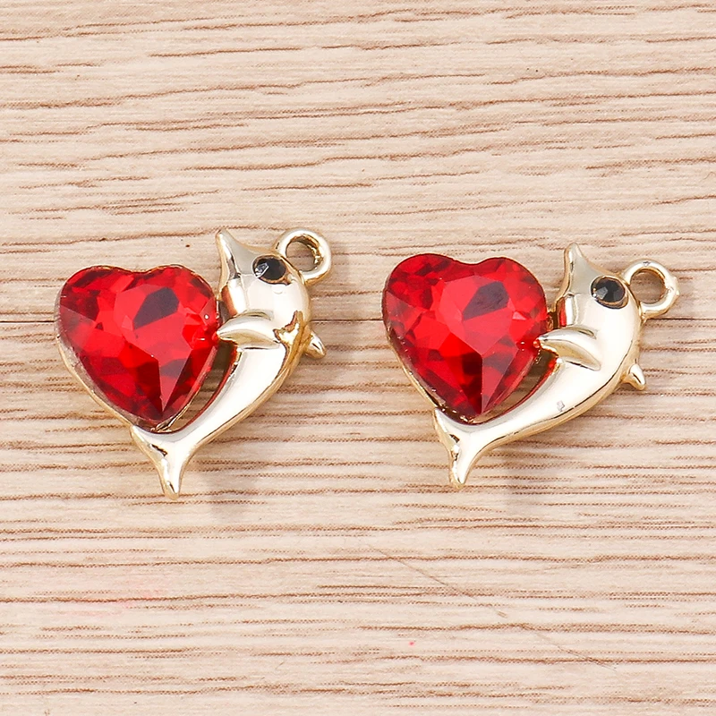 Tusember, 10 Stück, goldfarbene Kristall-Herz- und Delfin-Anhänger zum Basteln von Schmuck, für DIY-Projekte, zum Herstellen von Halsketten, Armbändern und Ohrringen. – Detail 6