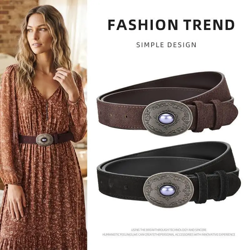 Metal Curving Buckle Suede Cowskin Waist Belts Women Dress Shirt Waistbands Strap Real Leather Correas Para Mujer Cinturones