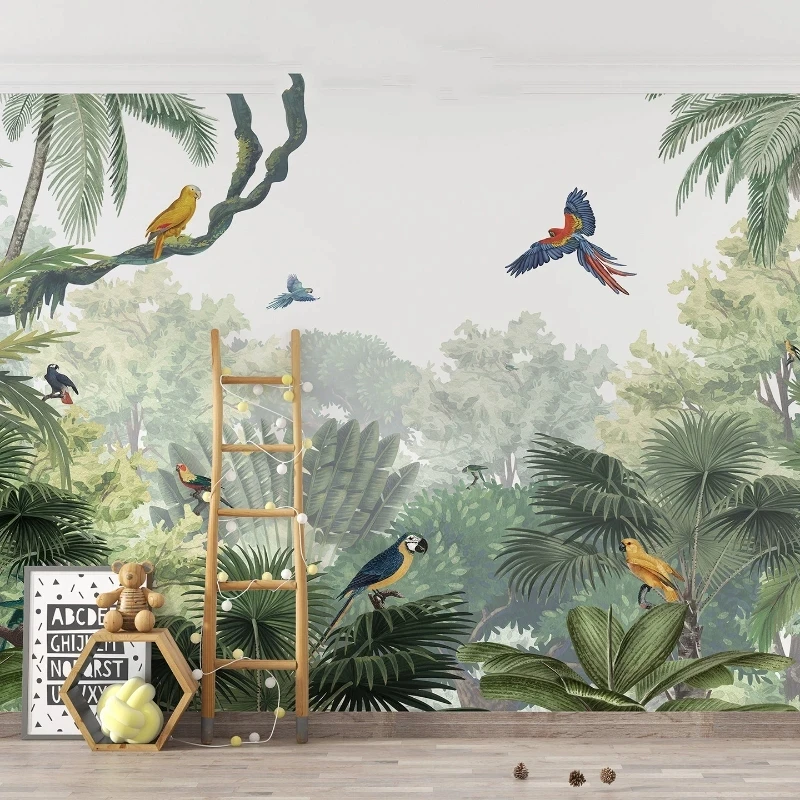 custom Tropical plant parrot bird Murals wallpapers for Living Room Sofa Bedroom Wall paper Painting Southeast Asia Home Decor