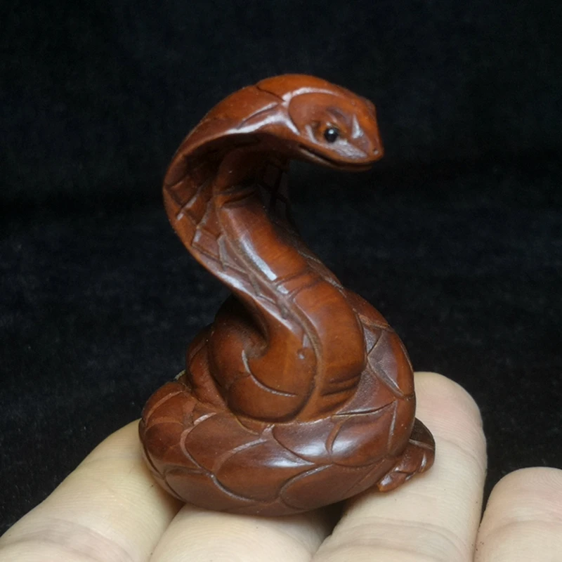 

1919 Antique art Size 2 Inch Chinese Boxwood Wood Hand carved Snake Figure Statue Netsuke Desk Decoration Gift Collection