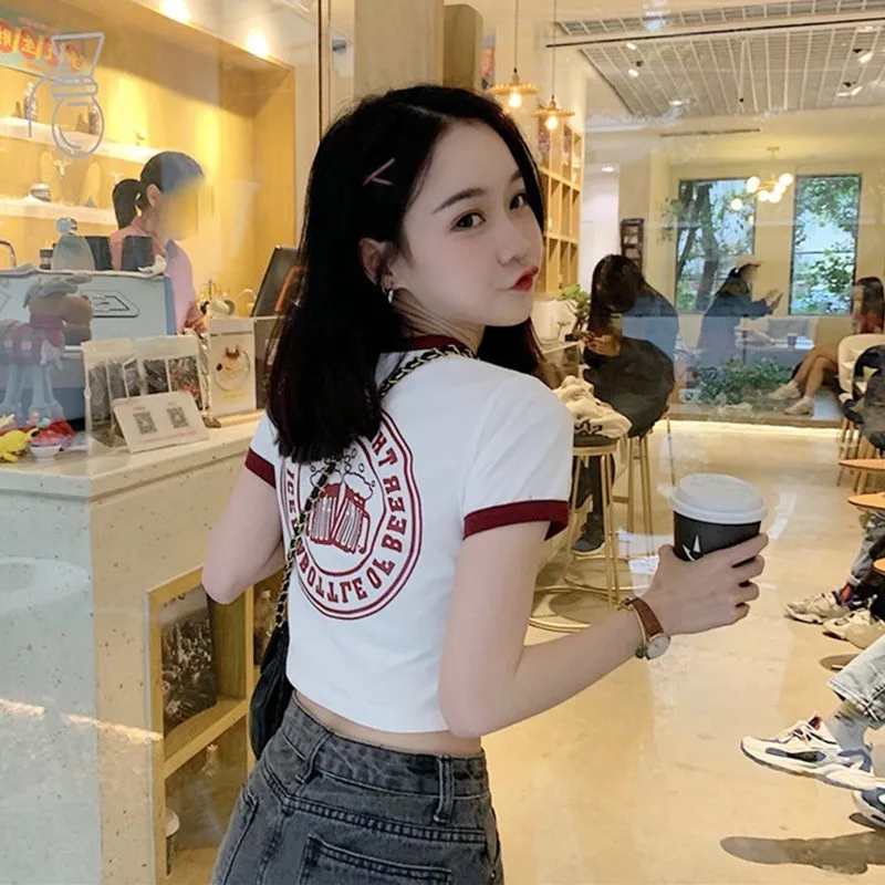 

ort Sexy Crop Top Women's T-irt Svel Slim Fit Casual Wear Polyester Fabric Summer Faion Small Size Base irt