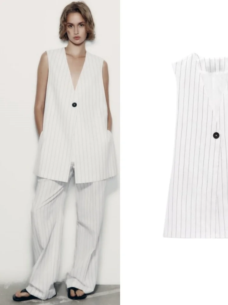 

Women's Suit Style Vest Sleeveless V-Neck Casual Outerwear Stripe Pattern Button Detail Regular Length Commute Trend