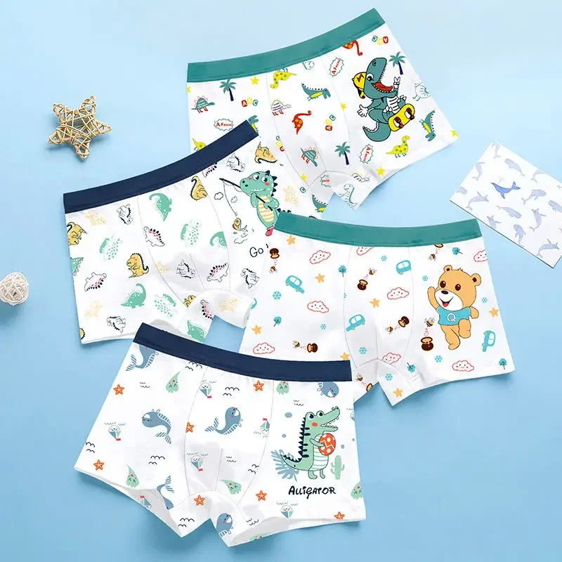 

4PCS Boys Cotton Soft Antibacterial Panties Kids Thin Breathable Cartoon Print Knickers 3+y Young Child Underwears Baby Knickers