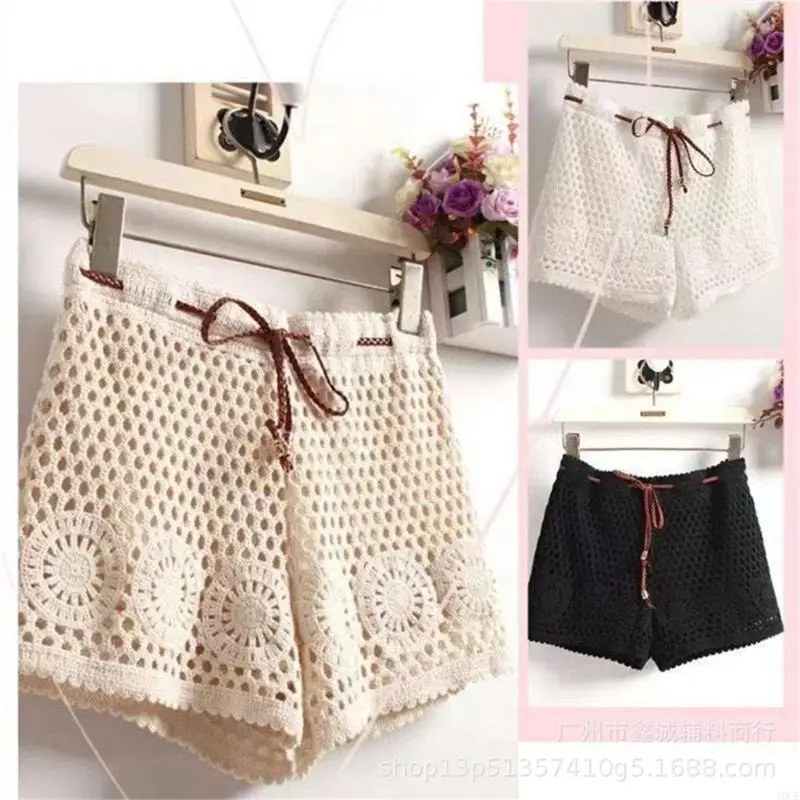 Women Hollowout Crochet Knit Shorts Beach Vacation Loose Cover Up Bottoms