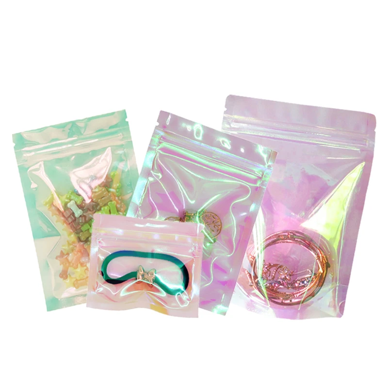 Reclosable Pink Blue Clear Holographic Laser Iridescent Zip Lock Bag Jewelry Snack Makeup Cosmetics Gift Plastic Storage Pouches