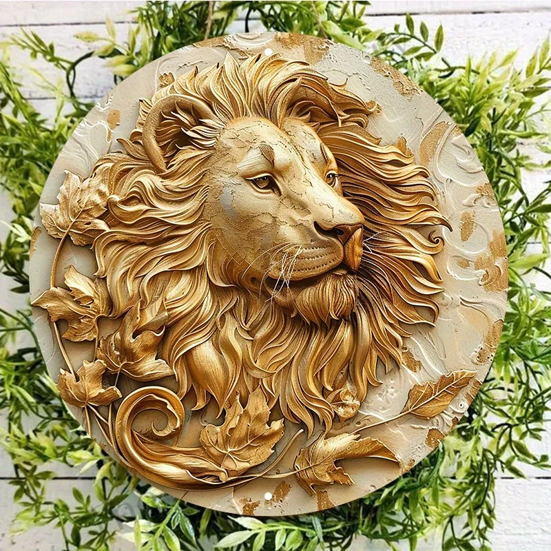 

Lion in Golden Round Aluminum Wall Sign, UV and Scratch Resistant, Easy-Hang Decor for Indoors & Outdoors,Decorative Wall Poster