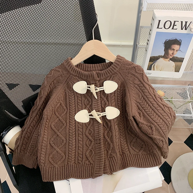 

Модный свитер для маленьких мальчиков и девочек, осенний вязаный кардиган с круглым вырезом и длинными рукавами, однотонная вязаная куртка, детская верхняя одежда