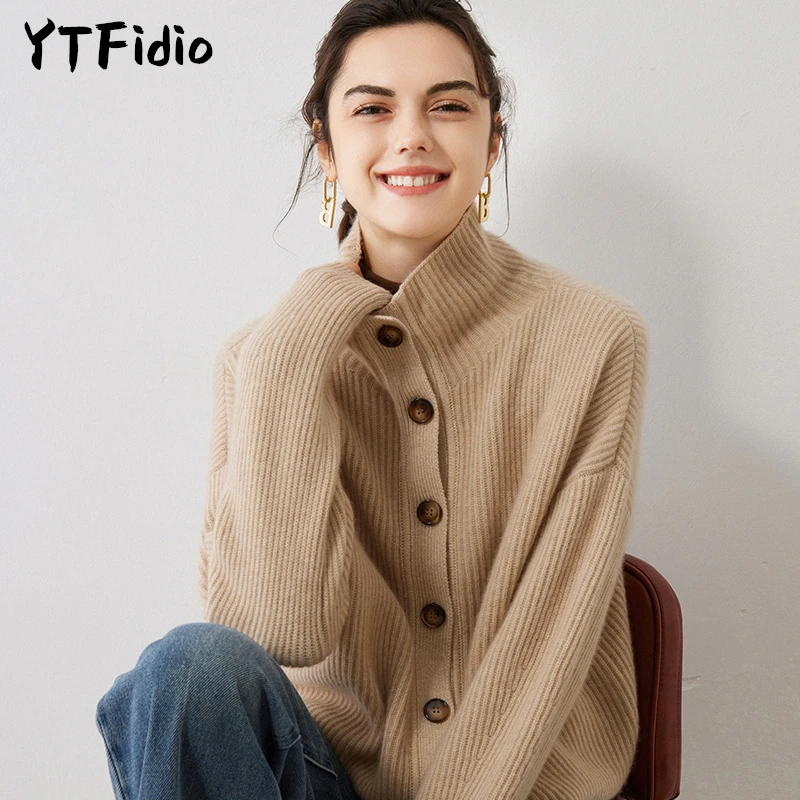 YTFidio 100% Cashmere Women Basin Necked Cardigan Warm Soft Buttons Cardigan Office Lady Solid Pullover Female Tops 14