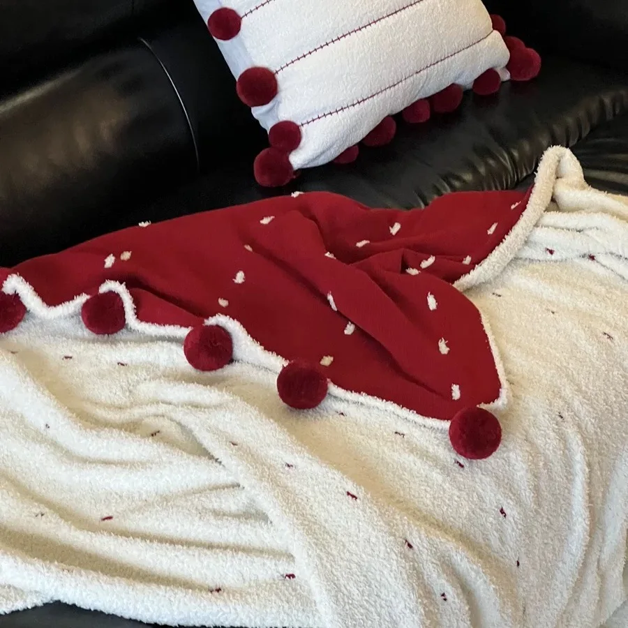 Soft Flannel Blanket with Hairball Warm Fleece Cover for Office Sofa Bed Lunch Break Nap Decor Wedding Christmas Gift