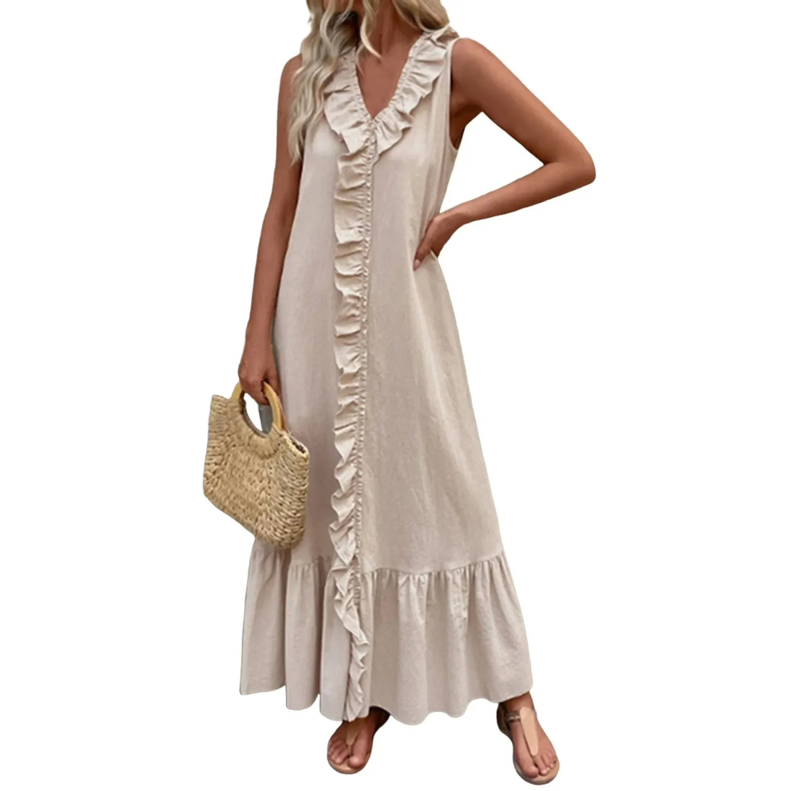 

Ladies New Temperament Fashionable Spring Summer Vacation Dress Casual Solid Color Sleeveless Cotton Hemp V-neck Swing Dress