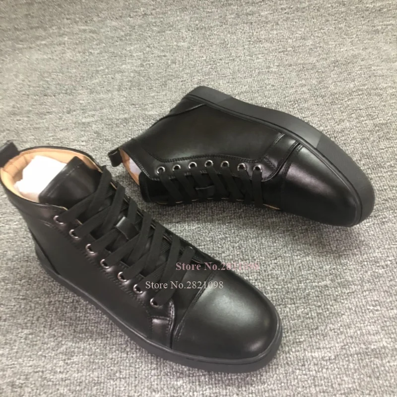 Pure Black Leather Flat High Top Casual Shoes Men Lace Up Flats Platform Designer Sneakers Daily Walking Shoe